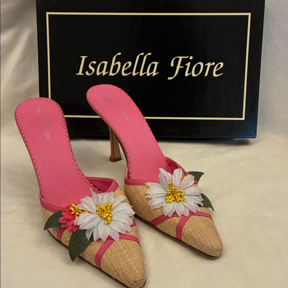 Isabella Fiore straw Mules with pink and white flowers size 7.5